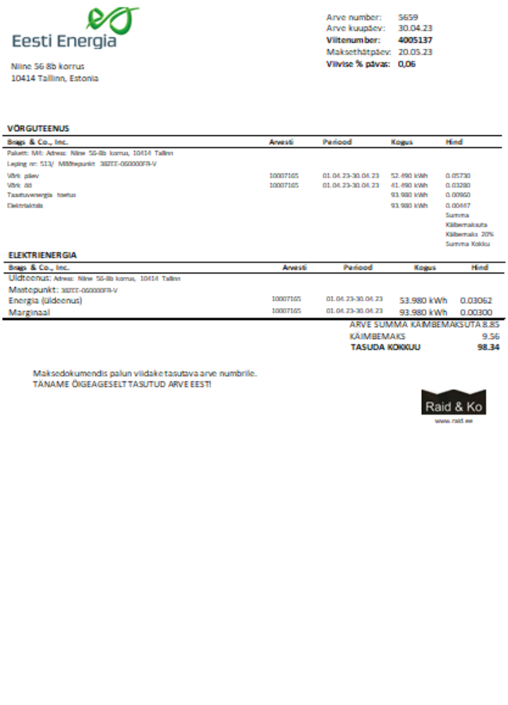 Eesti Energia electricity utility business bill SCR PSD template